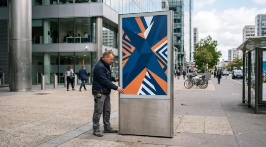 Un professionnel vérifie un grand totem publicitaire imprimé installé sur un trottoir devant un bâtiment commercial moderne.